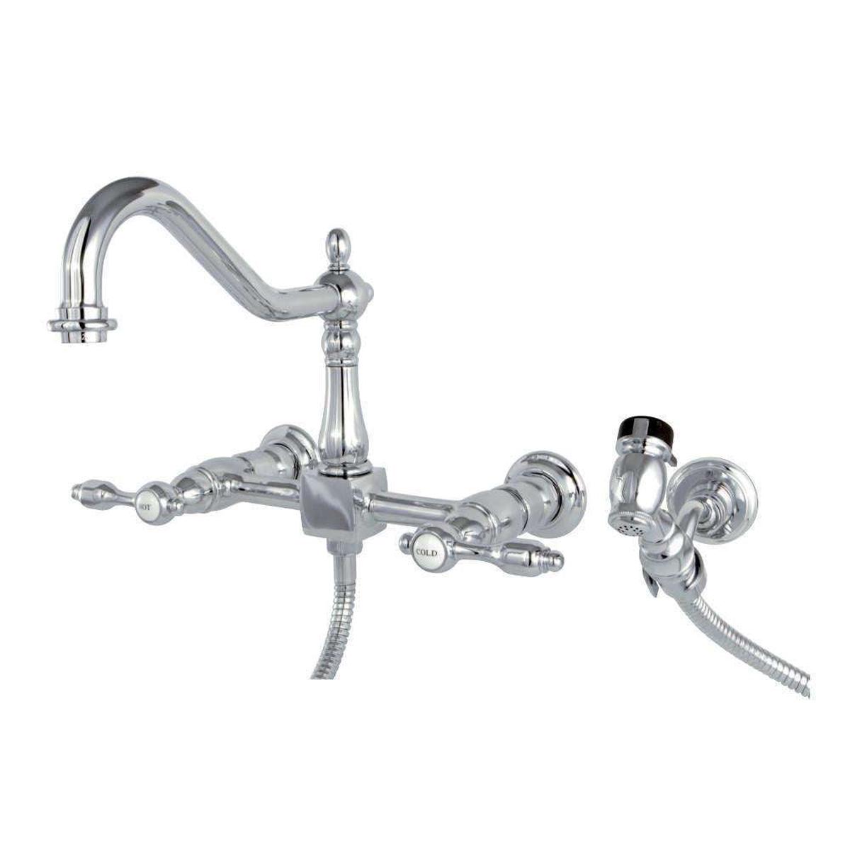Kingston Brass KS1241TALBS Tudor Wall Mount Bridge Kitchen Faucet with Brass Spray, Polished Chrome