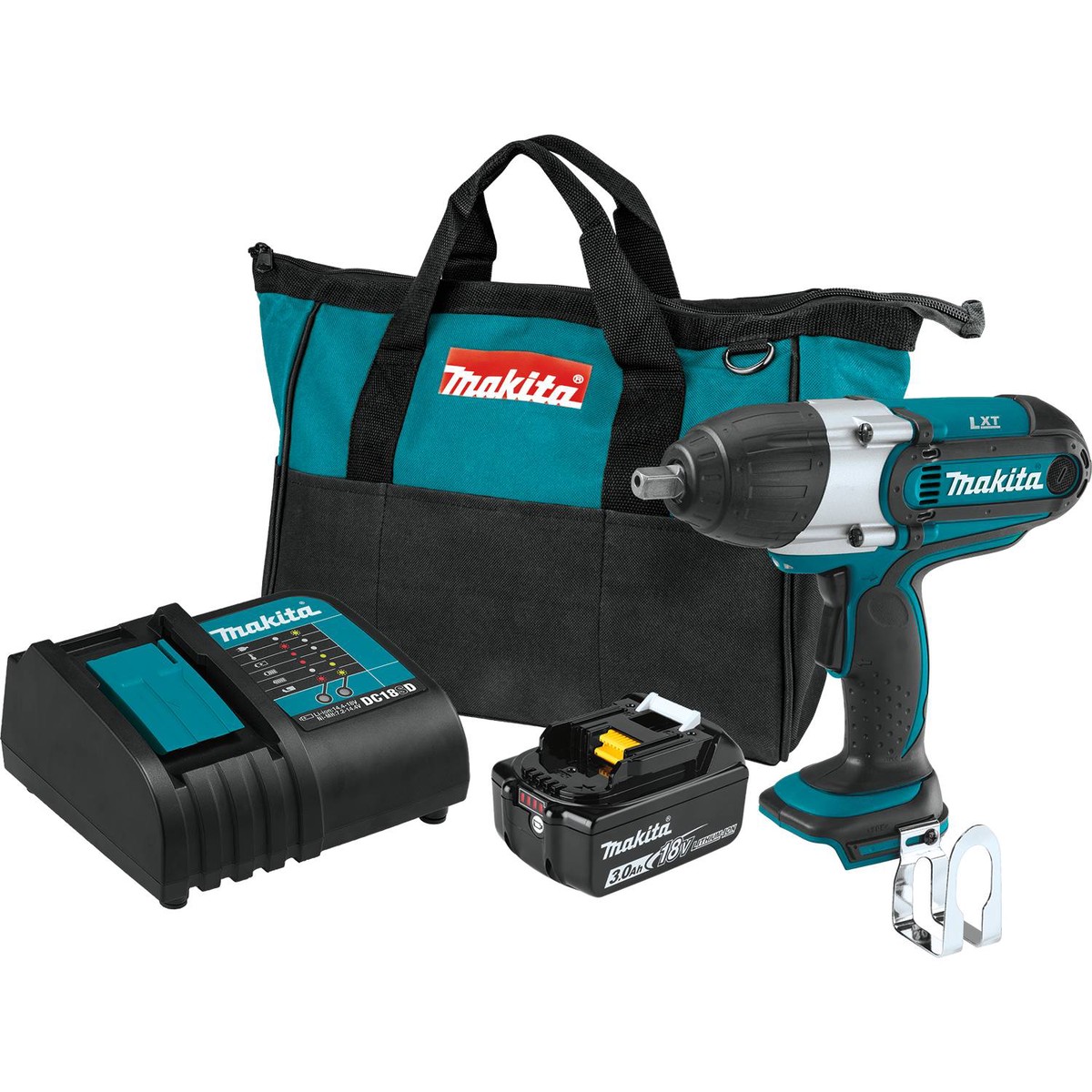 Makita XWT04S1 - 18V LXT Lithium-Ion Cordless 1/2" Sq. Drive Impact Wrench Kit, rev., rocker switch, L.E.D. Light, bag, with one battery (3.0Ah)