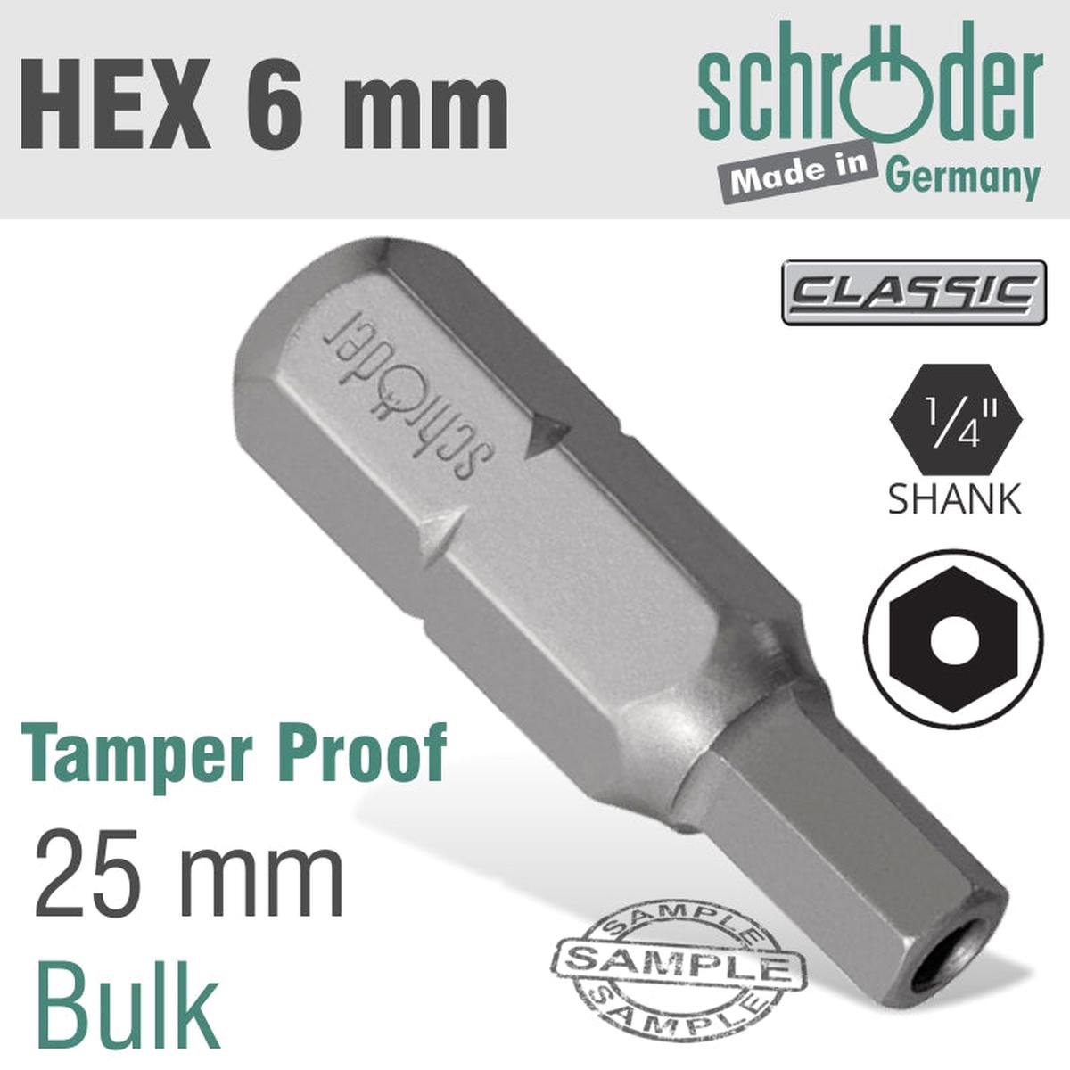 SCHRODER ALLEN/HEX 6MM SECURITY INSERT BIT 25MM BULK SC25190