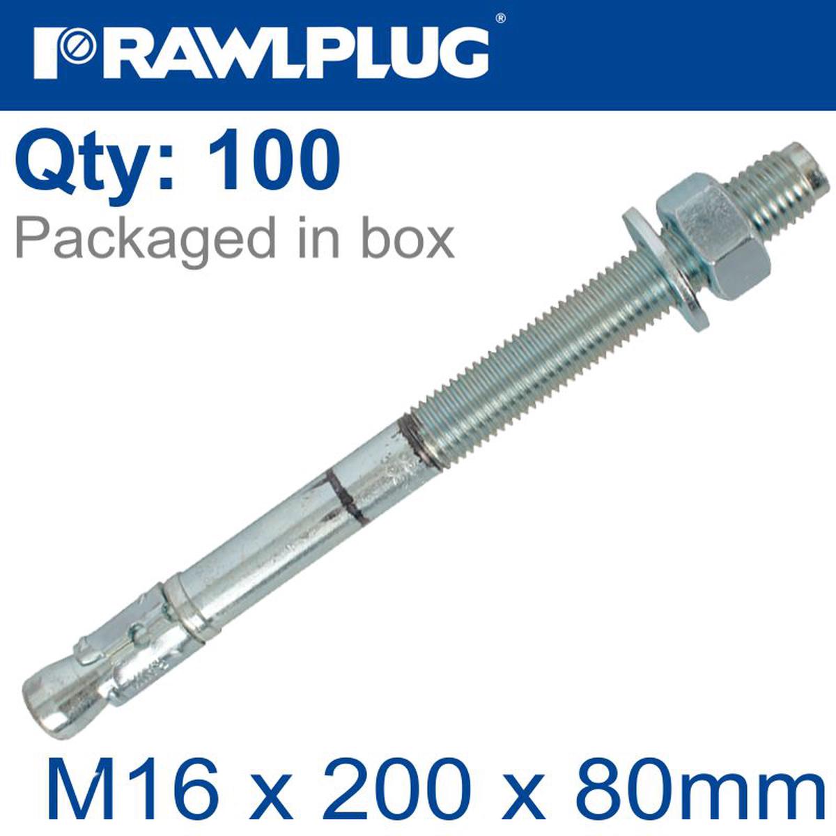 RAWLPLUG THROUGHBOLT M16X200X80MM X25 -BOX RAW R-XPT-16200-80