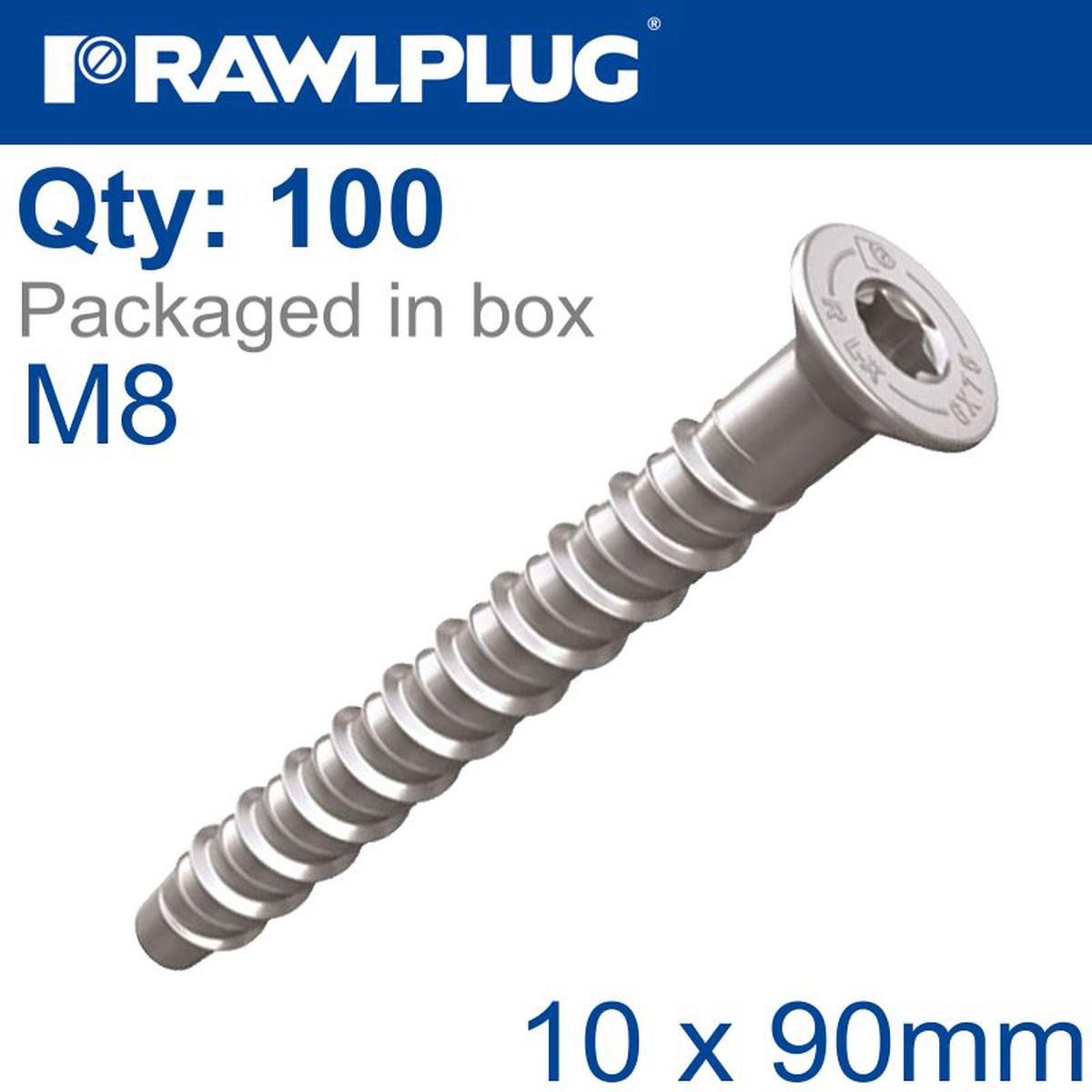 RAWLPLUG CONCRETE SCREWBOLT M8 10X90MM CSK ZINC FL X100-BOX RAW R-LX-08X090-CS-ZF