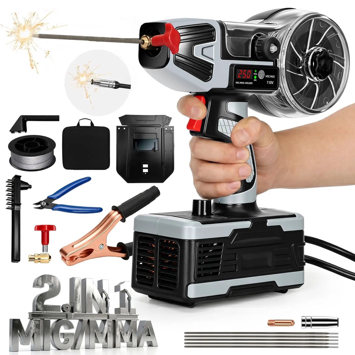 2 in 1 Handheld MIG and Stick Welder Workhorse Portable 250A Flux Core Gasless Welder 110V IGBT Inverter MMA Arc Gun LCD Display Lightweight 3.97 Lbs For.032/.040 Wire And 3/32 to 1/8 Inch