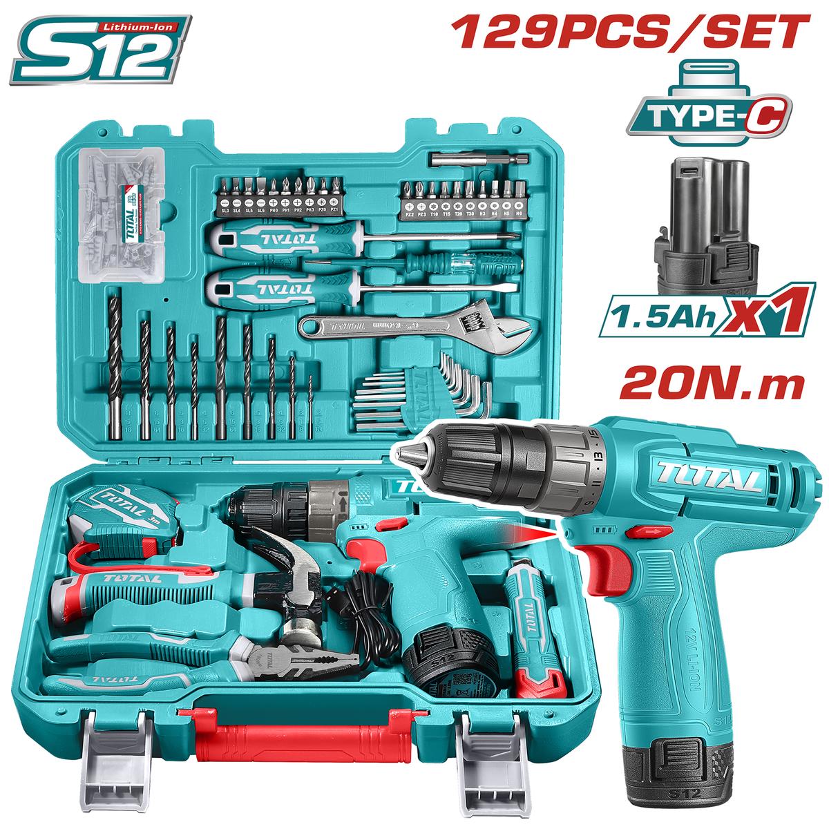 Total Tools 129 Pcs Tool Set with 12V Cordless Drill 20 Nm   with Battery and Charger   THKTHP11292