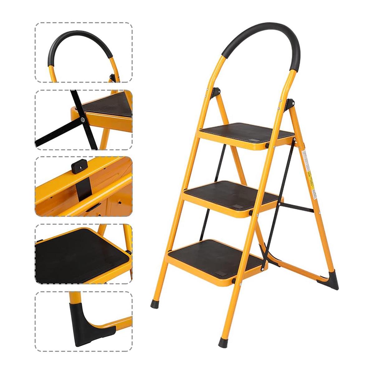 Yellow ladder, wide rung, several steps