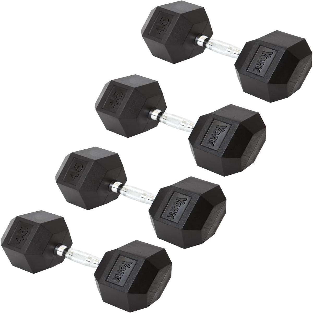 York Barbell Hex Dumbbell Set 45LB Rubber Coated Fixed Weight Dumbbells with Chrome Ergonomic Handle Odorless & Durable for Home Gym Womens Strength Training Full Body Workouts - Pack of 4