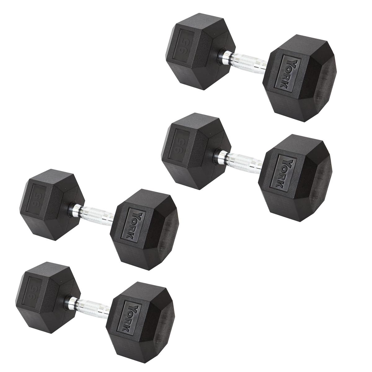 York Barbell Hex Dumbbell Set 95LB Rubber Coated Fixed Weight Dumbbells with Chrome Ergonomic Handle Odorless & Durable for Home Gym Womens Strength Training Full Body Workouts - Pack of 4