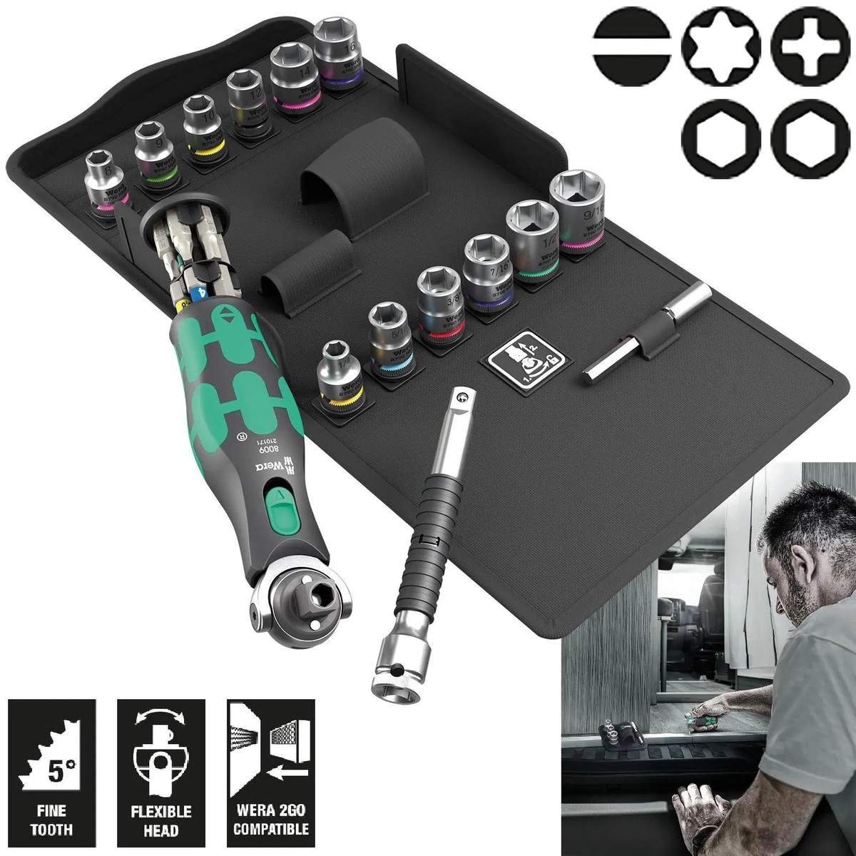 Wera Screwdriver Set 8009 Zyklop Pocket Set 4 Sockets and Bit Kit in Case 27 Pieces