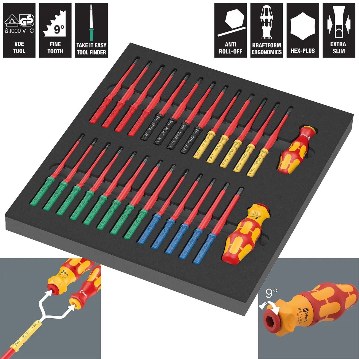 Wera Foam Insert Interchangable VDE Screwdriver Set Kraftform Kompakt VDE Set 1 9751 28 Pieces