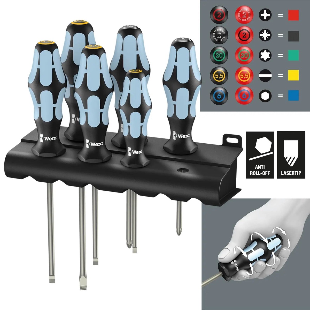 Wera Screwdriver Set Stainless Steel in Rack 6 Piece 3334/3355/6 Pozi Slotted