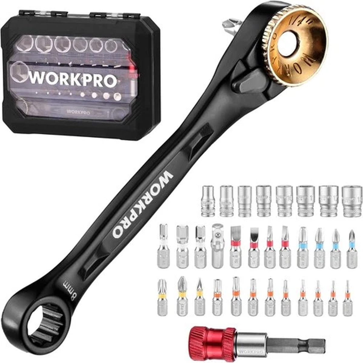 WORKPRO 34PC Offset Ratcheting Screwdriver Low Profile Ratchet Wrench Bit Socket