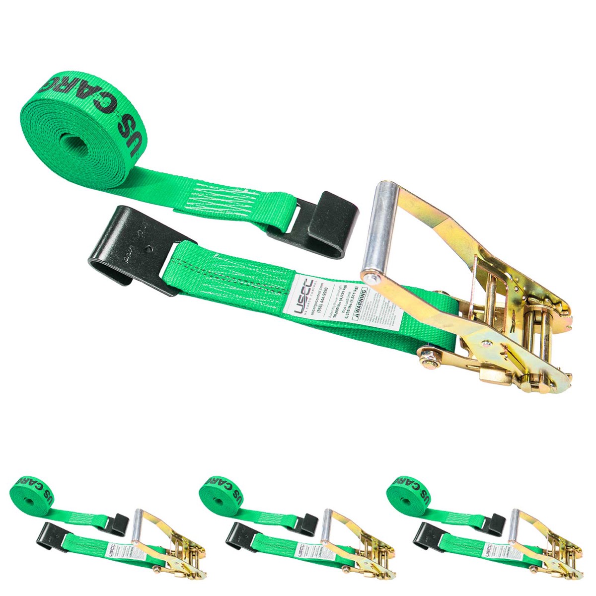 2" x 27' Ratchet Strap with Flat Hooks | Green | 4-Pack