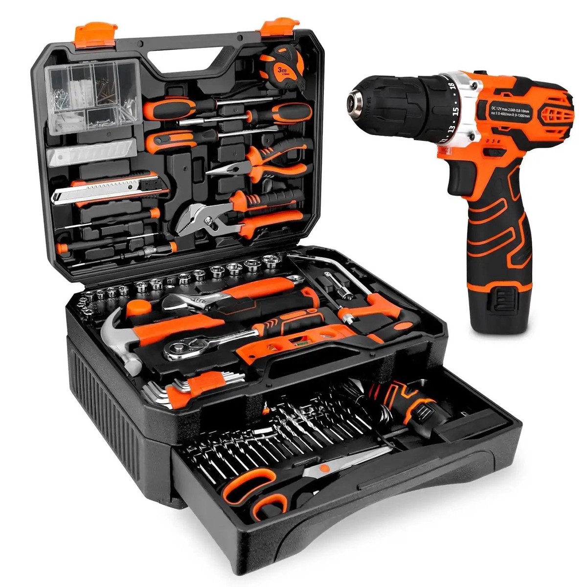255 Piece Tool Set With 12V Cordless Drill Driver Drawer Style Toolbox Case All In One Home Repair Kit For DIY Projects General Household Maintenance And Han...