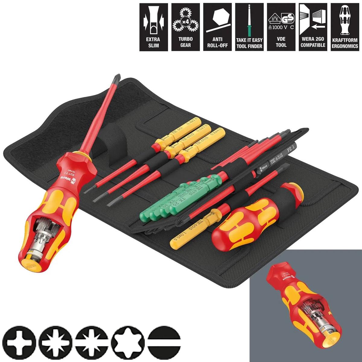 Wera Interchangeable VDE Screwdriver Set Kraftform Kompakt Turbo i 1 Tool Finder 16 Pieces Phillips Torx Pozi Slotted