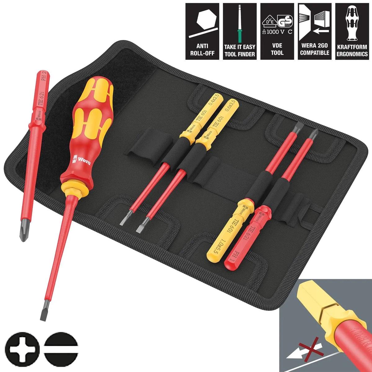 Wera Interchangeable VDE Screwdriver Set Kraftform Kompakt VDE 7 Universal 1 Tool Finder 7 Pieces Phillips Slotted