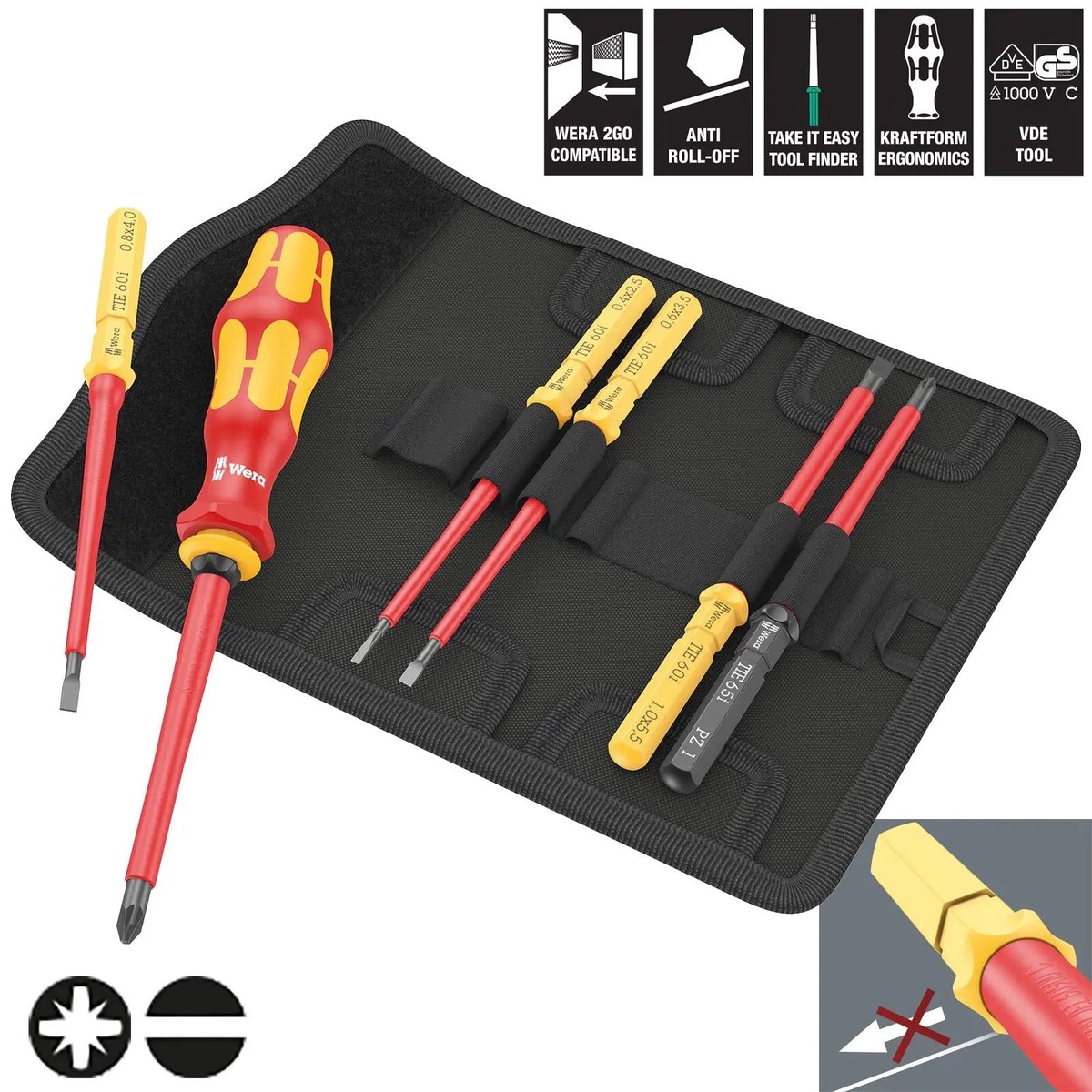 Wera Interchangeable VDE Screwdriver Set Kraftform Kompakt VDE 7 Universal 2 Tool Finder 7 Pieces Pozi Slotted