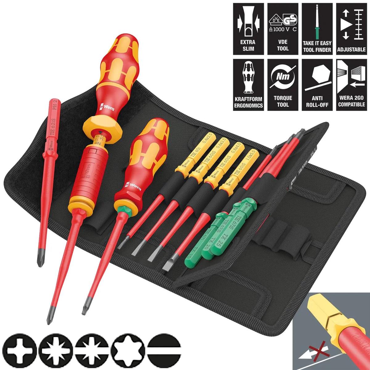 Wera Interchangeable VDE Screwdriver Set Kraftform Kompakt VDE 16 Torque 1.2-3Nm Extra Slim 1 Tool Finder 16 Pieces