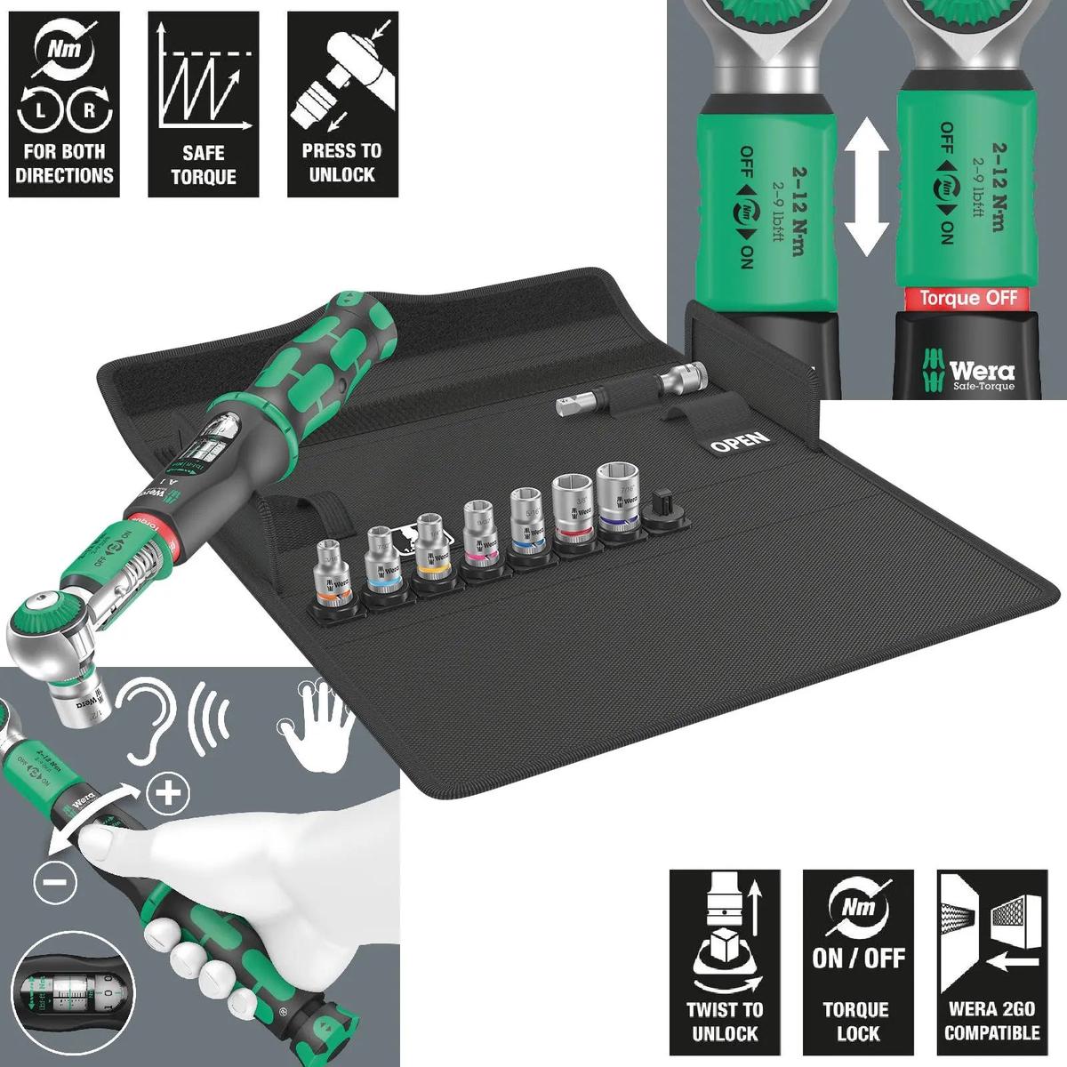 Wera Torque Wrench Safe-Torque A 1 Imperial Set 1 1/4" Drive 2-12 Nm 10 Pieces Reversible