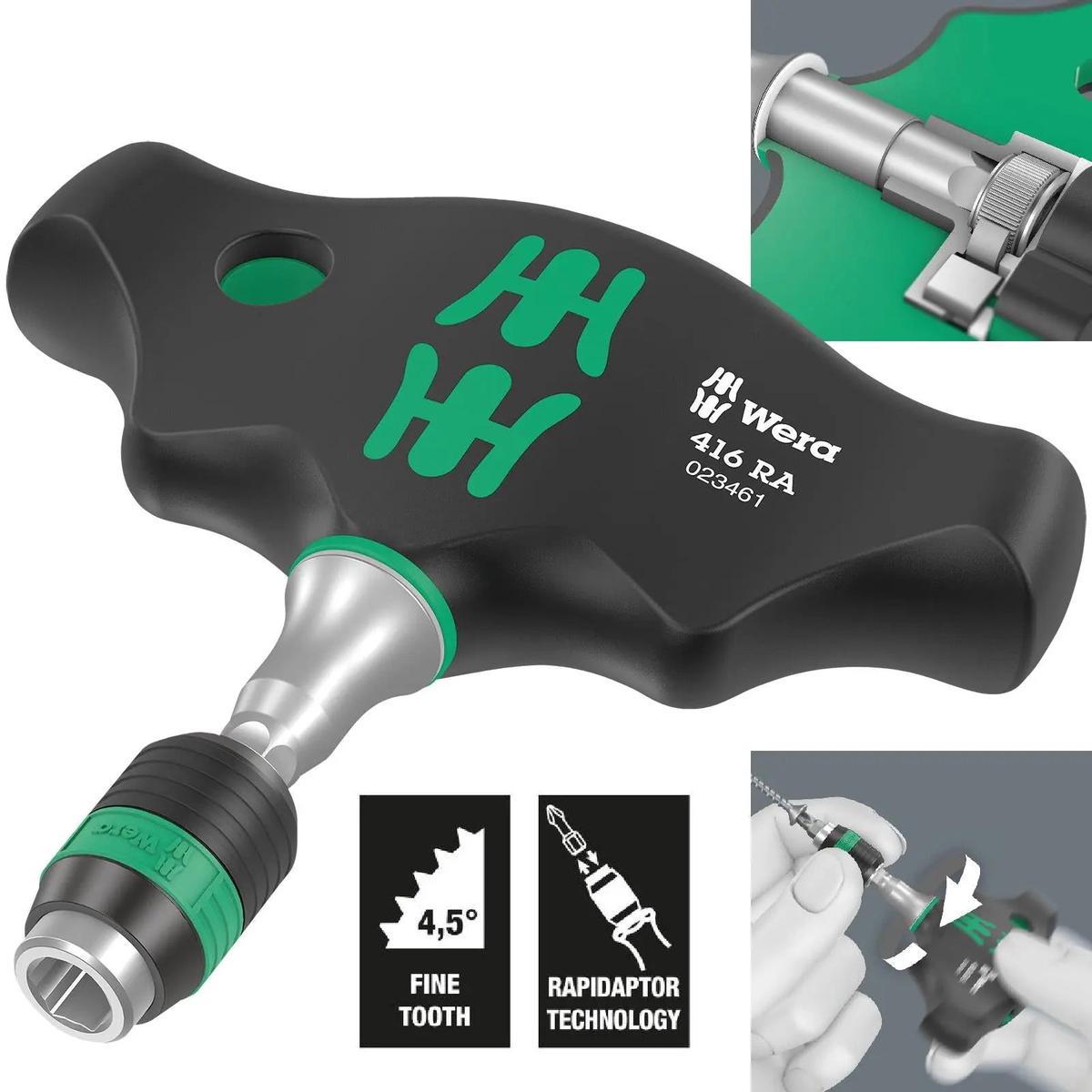 Wera T-Handle Screwdriver 1/4" Hex with Ratchet Function 416 RA Rapidaptor Quick Release Chuck