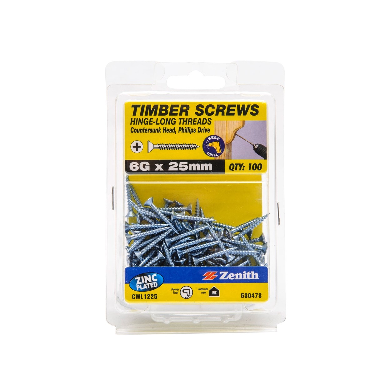 Zenith 6G x 25mm Zinc Plated Countersunk Hinge Timber Screws 100 Pack
