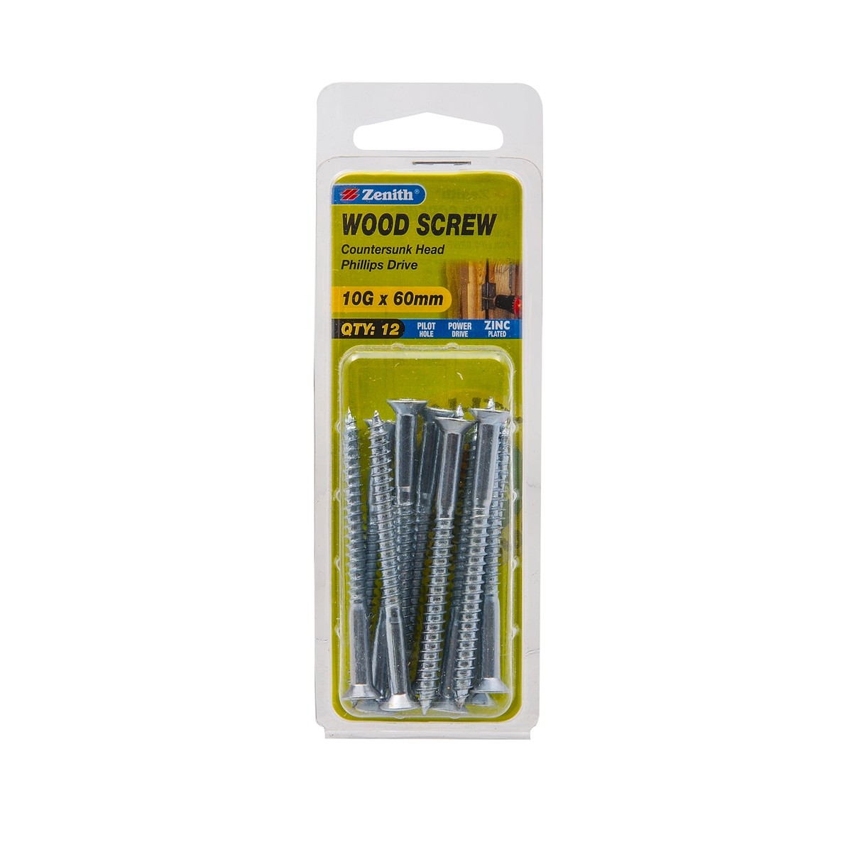 Zenith 10G x 60mm Zinc Plated Countersunk Head Wood Screws, Needle Point, 12 Pack