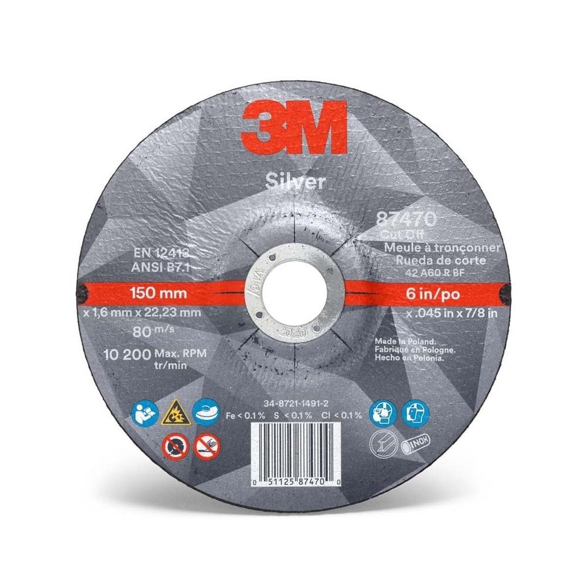 3M 87470 Silver Cut-Off Wheel 6 in x 0045 in x 78 in T27 Precision-Shaped Grain for Cutting Stainless and Mild Steel (7010409304) (50 Pack)