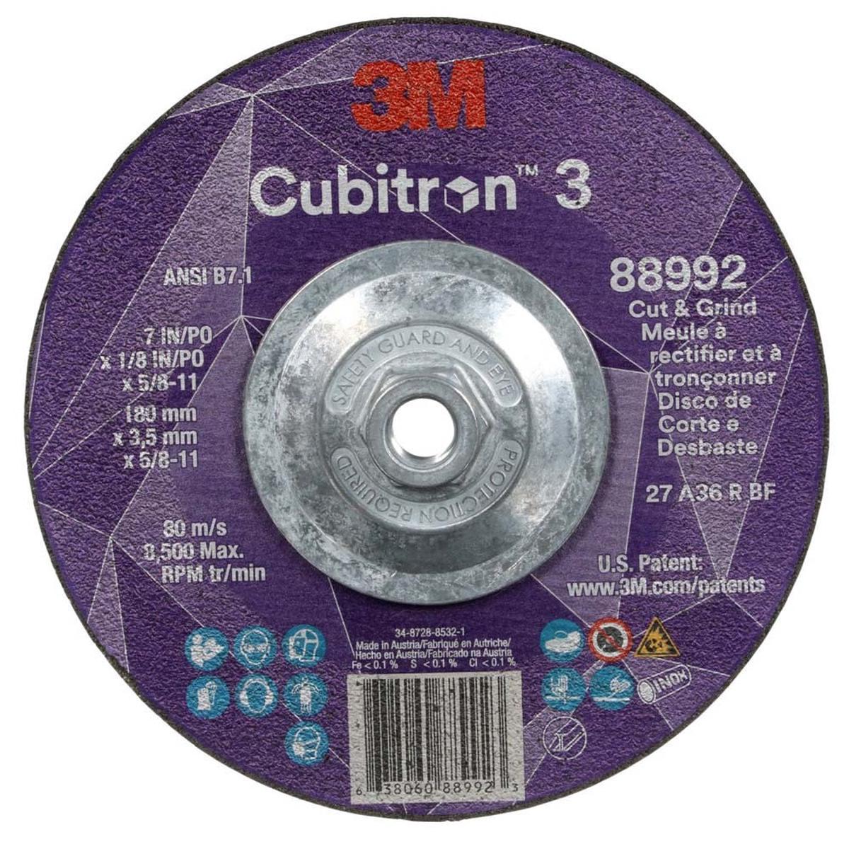 3M 88992 Cubitron 3 Cut and Grind Wheel 7 in x 18 in x 58 in-11 36 Grit Type 27 for Cutting Grinding and Back-Gouging (7100313195) (10 Pack)